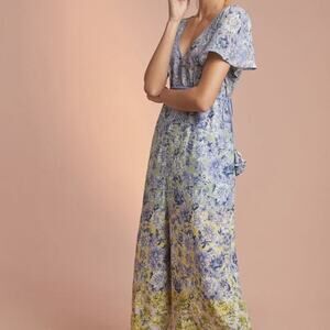 Anthropologie Jumpsuit Small Blue Pink Floral Drawstring Pockets Wide Leg